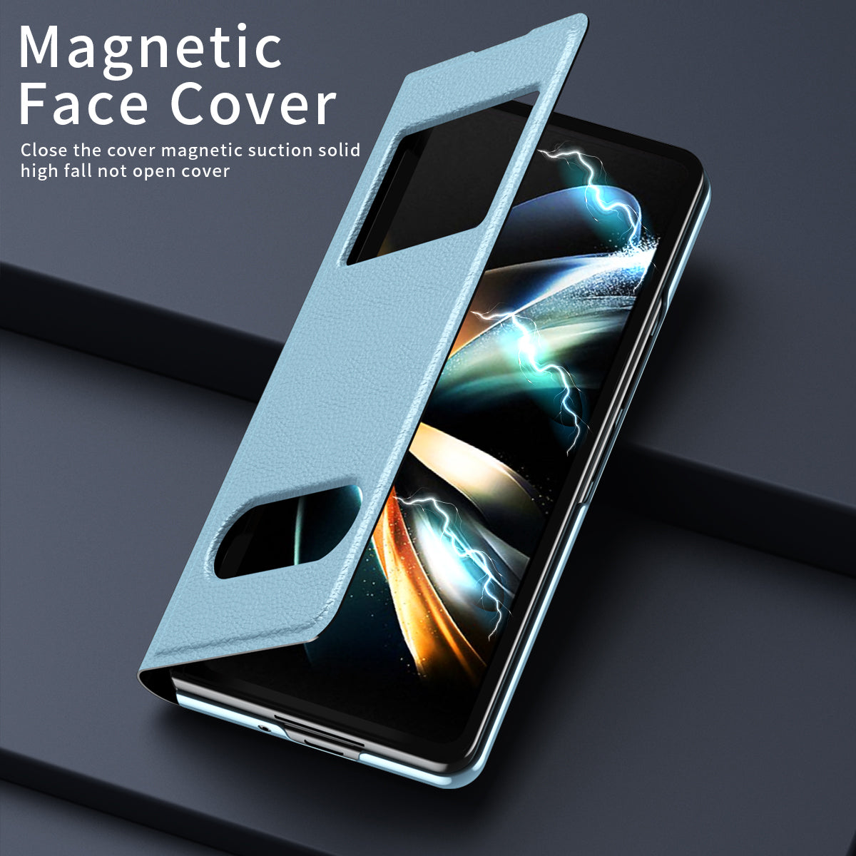 For Samsung Galaxy Z Fold6 5G Case PU Leather Litchi Texture Phone Cover View Window - Blue