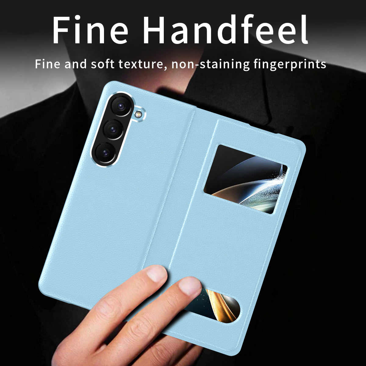 For Samsung Galaxy Z Fold6 5G Case PU Leather Litchi Texture Phone Cover View Window - Blue