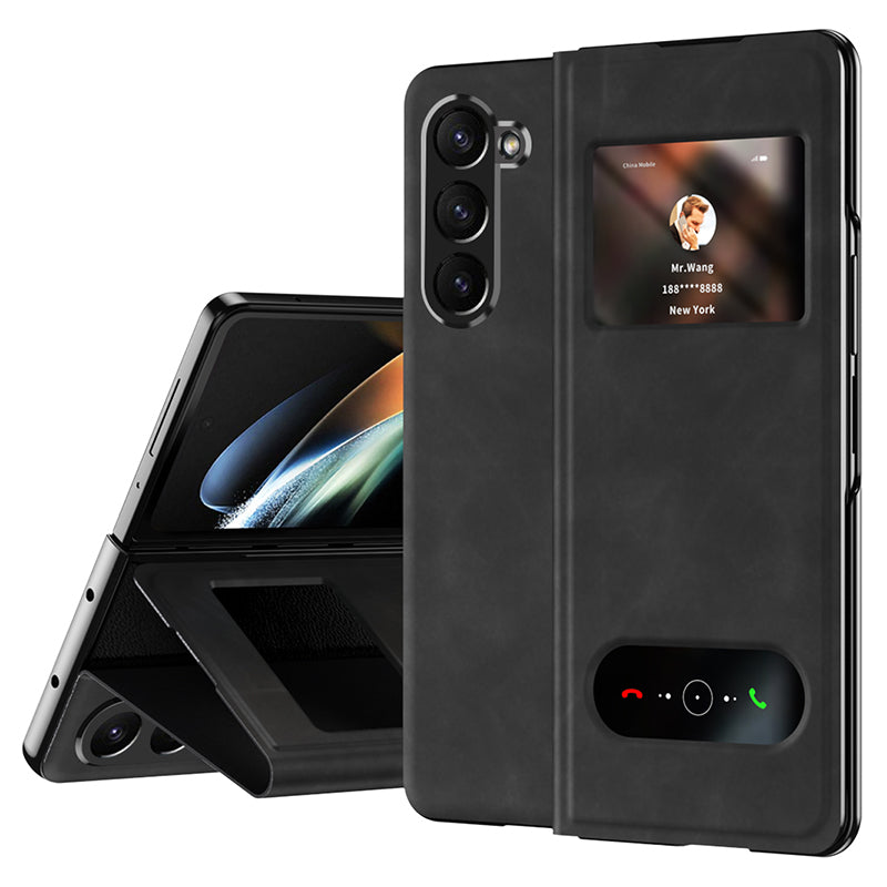 For Samsung Galaxy Z Fold6 5G Case Skin-Touch PU Leather View Window Phone Cover - Black