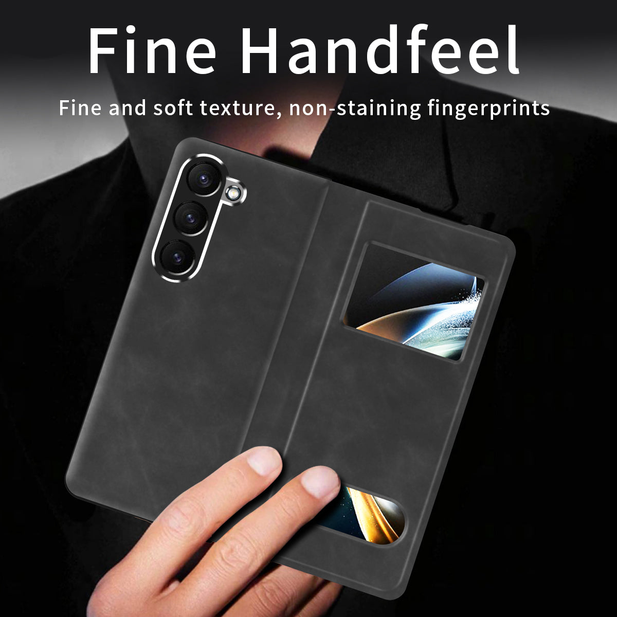For Samsung Galaxy Z Fold6 5G Case Skin-Touch PU Leather View Window Phone Cover - Black