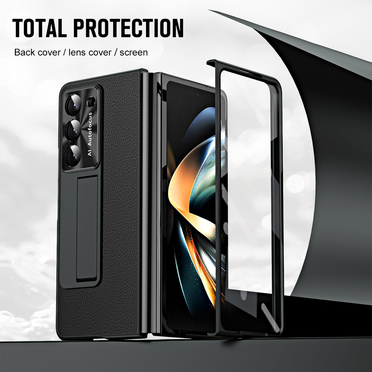 For Samsung Galaxy Z Fold6 5G Case Kickstand Leather+PC Cover with Tempered Glass Film - Black