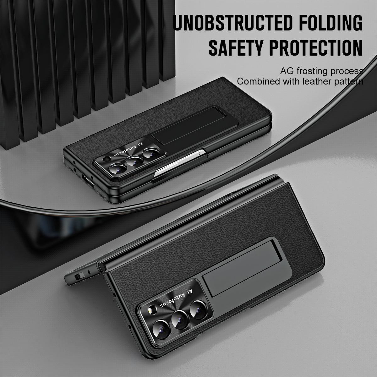 For Samsung Galaxy Z Fold6 5G Case Kickstand Leather+PC Cover with Tempered Glass Film - Black