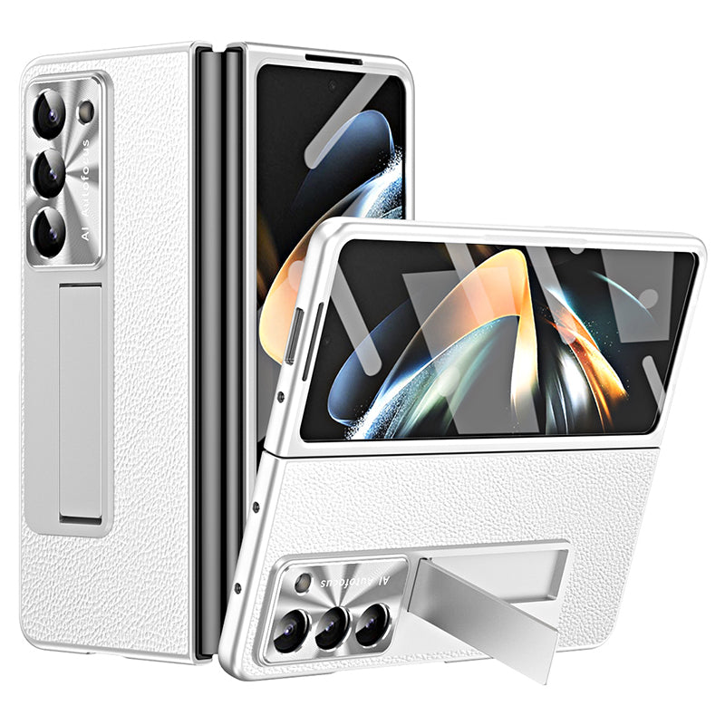 For Samsung Galaxy Z Fold6 5G Case Kickstand Leather+PC Cover with Tempered Glass Film - Silver