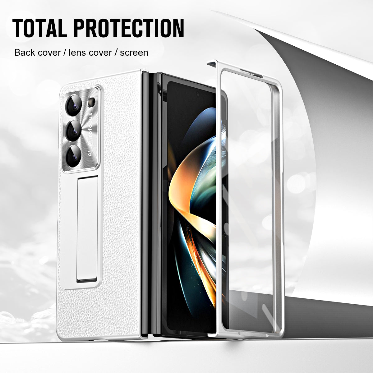 For Samsung Galaxy Z Fold6 5G Case Kickstand Leather+PC Cover with Tempered Glass Film - Silver