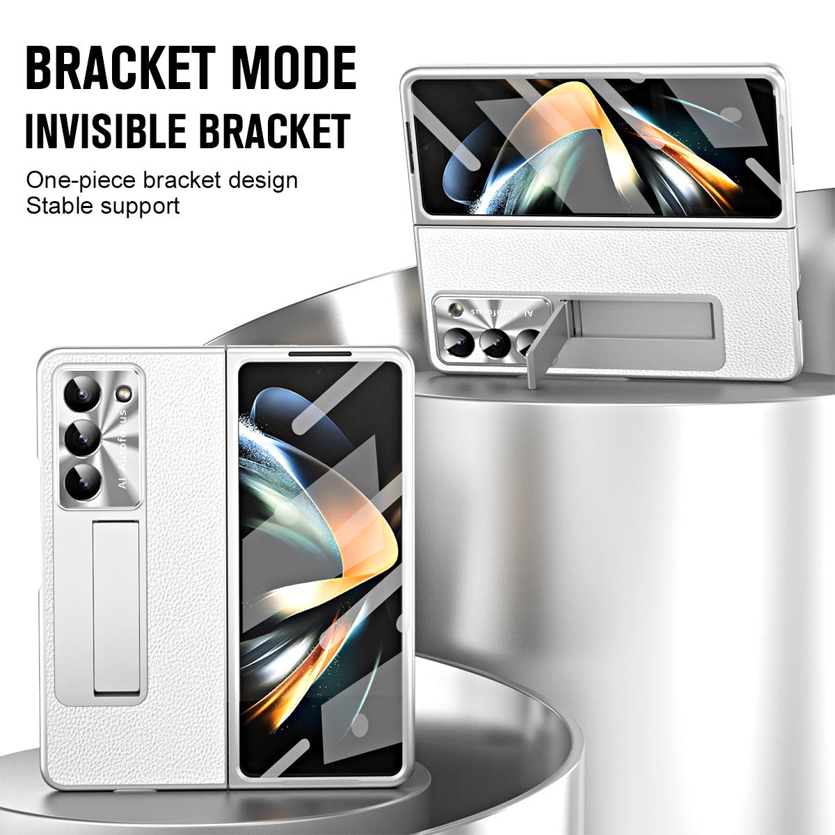 For Samsung Galaxy Z Fold6 5G Case Kickstand Leather+PC Cover with Tempered Glass Film - Silver