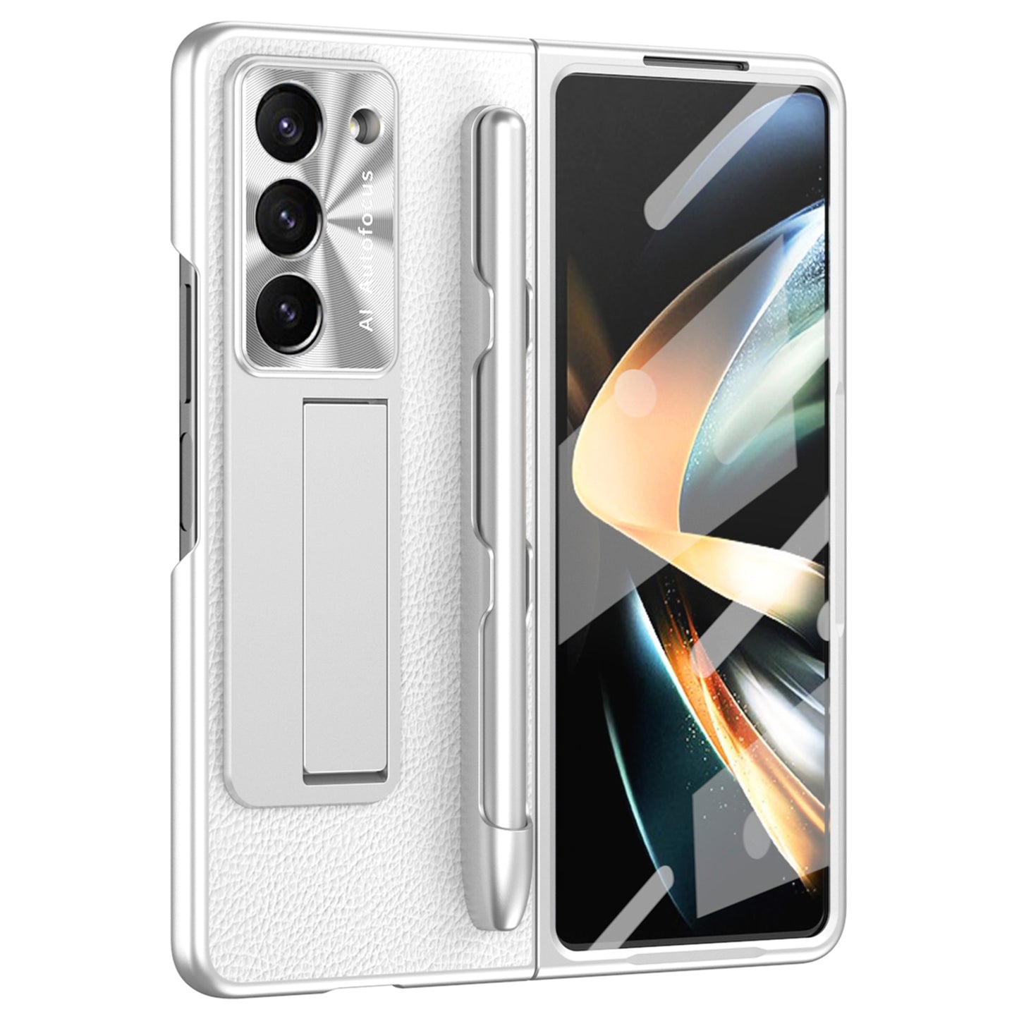 For Samsung Galaxy Z Fold6 5G Case Kickstand Leather+PC Hard Phone Cover with Screen Film and Stylus - Silver