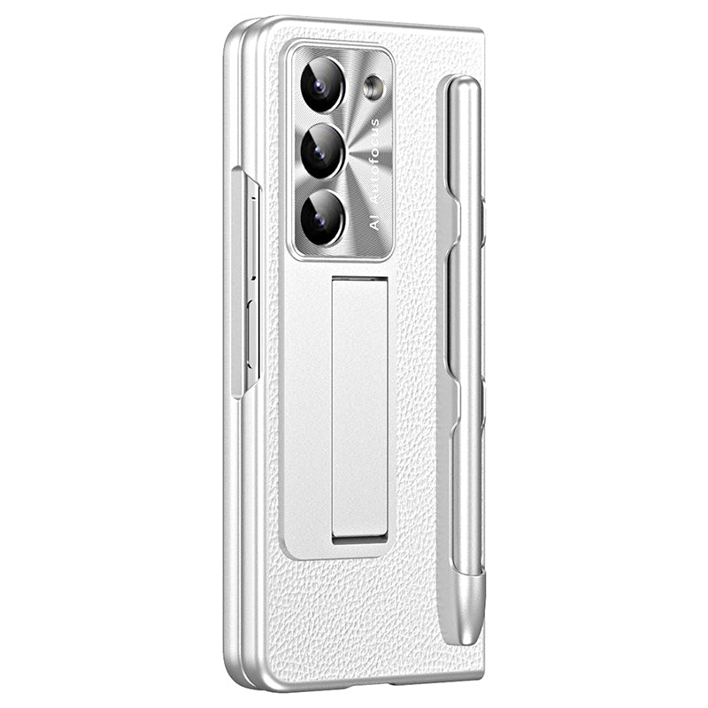 For Samsung Galaxy Z Fold6 5G Case Kickstand Leather+PC Hard Phone Cover with Screen Film and Stylus - Silver