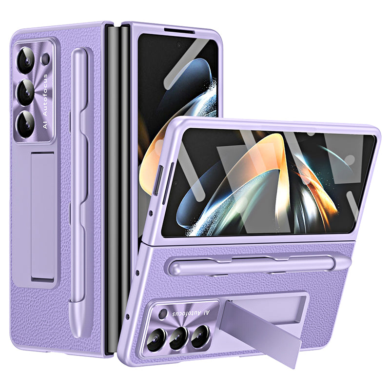 For Samsung Galaxy Z Fold6 5G Case Kickstand Leather+PC Hard Phone Cover with Screen Film and Stylus - Purple