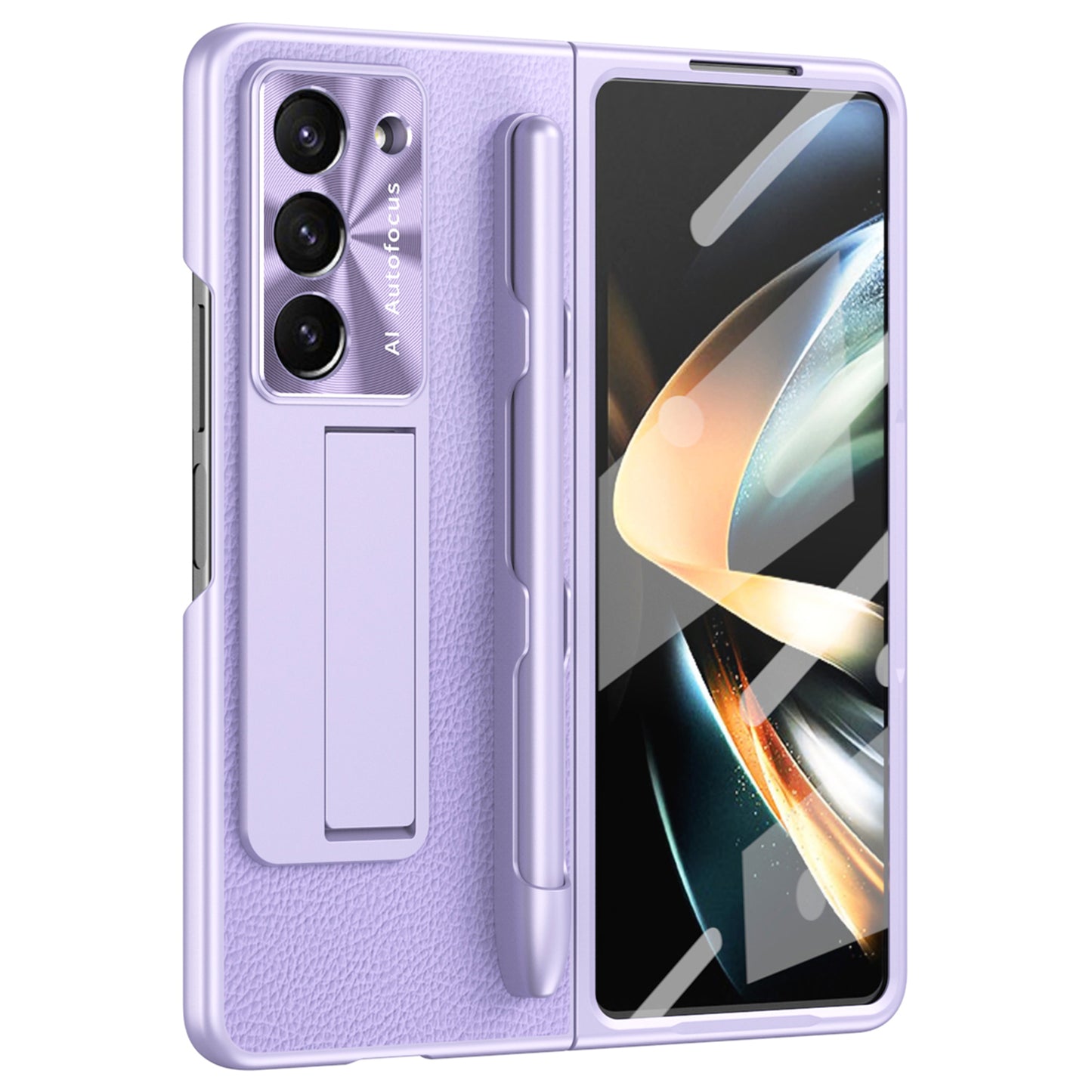 For Samsung Galaxy Z Fold6 5G Case Kickstand Leather+PC Hard Phone Cover with Screen Film and Stylus - Purple