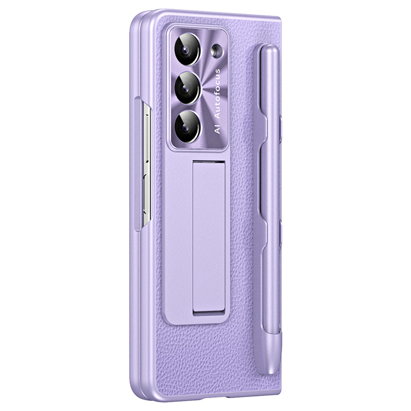 For Samsung Galaxy Z Fold6 5G Case Kickstand Leather+PC Hard Phone Cover with Screen Film and Stylus - Purple