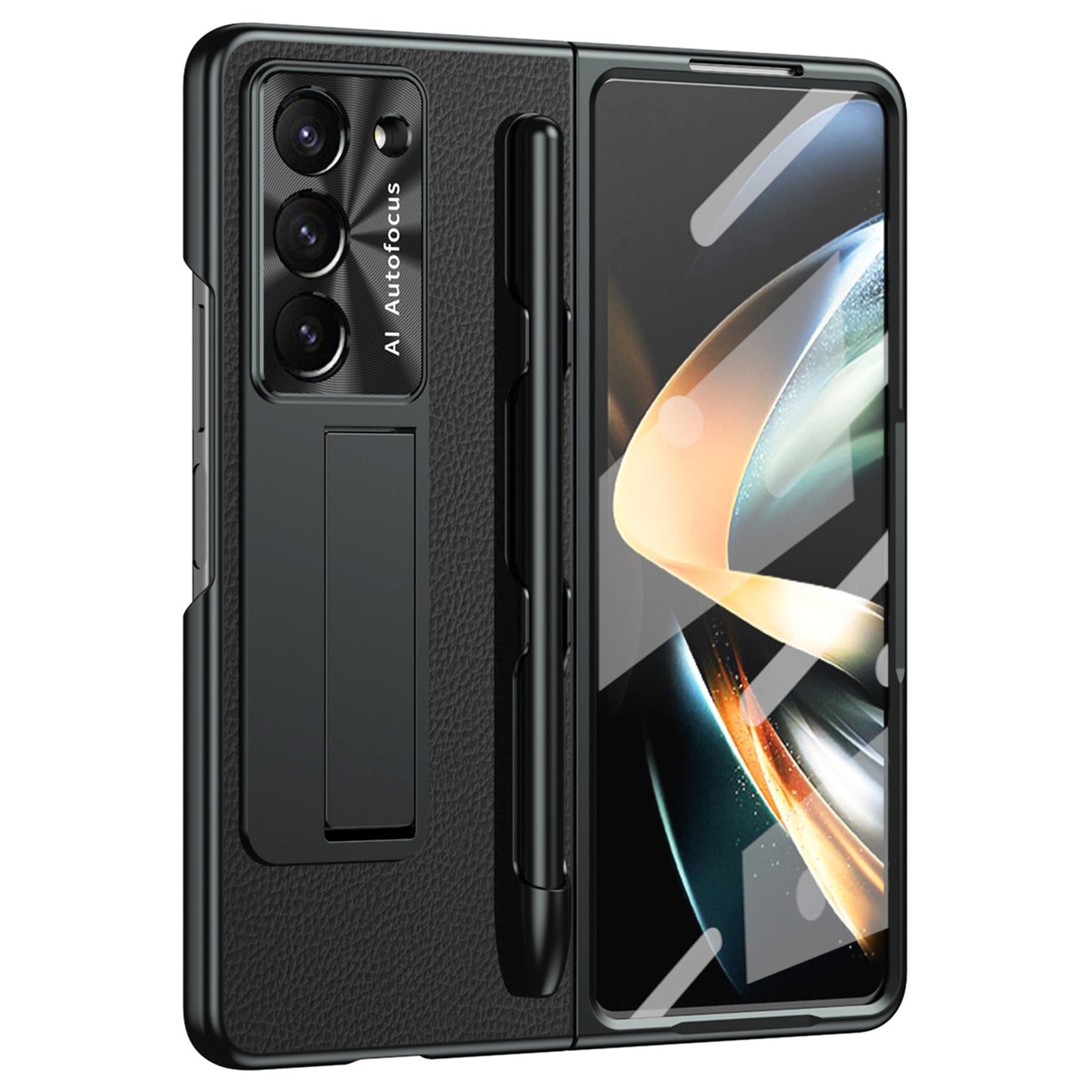 For Samsung Galaxy Z Fold6 5G Case Kickstand Leather+PC Hard Phone Cover with Screen Film and Stylus - Black