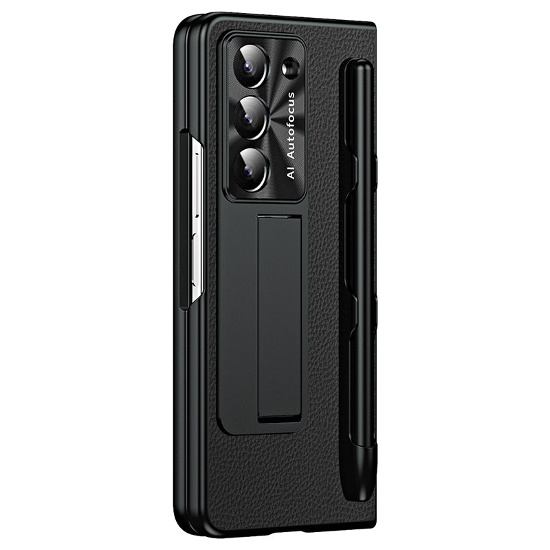 For Samsung Galaxy Z Fold6 5G Case Kickstand Leather+PC Hard Phone Cover with Screen Film and Stylus - Black