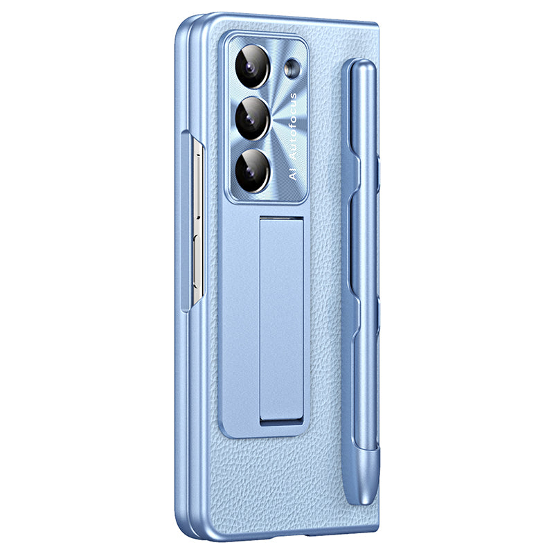 For Samsung Galaxy Z Fold6 5G Case Kickstand Leather+PC Hard Phone Cover with Screen Film and Stylus - Blue