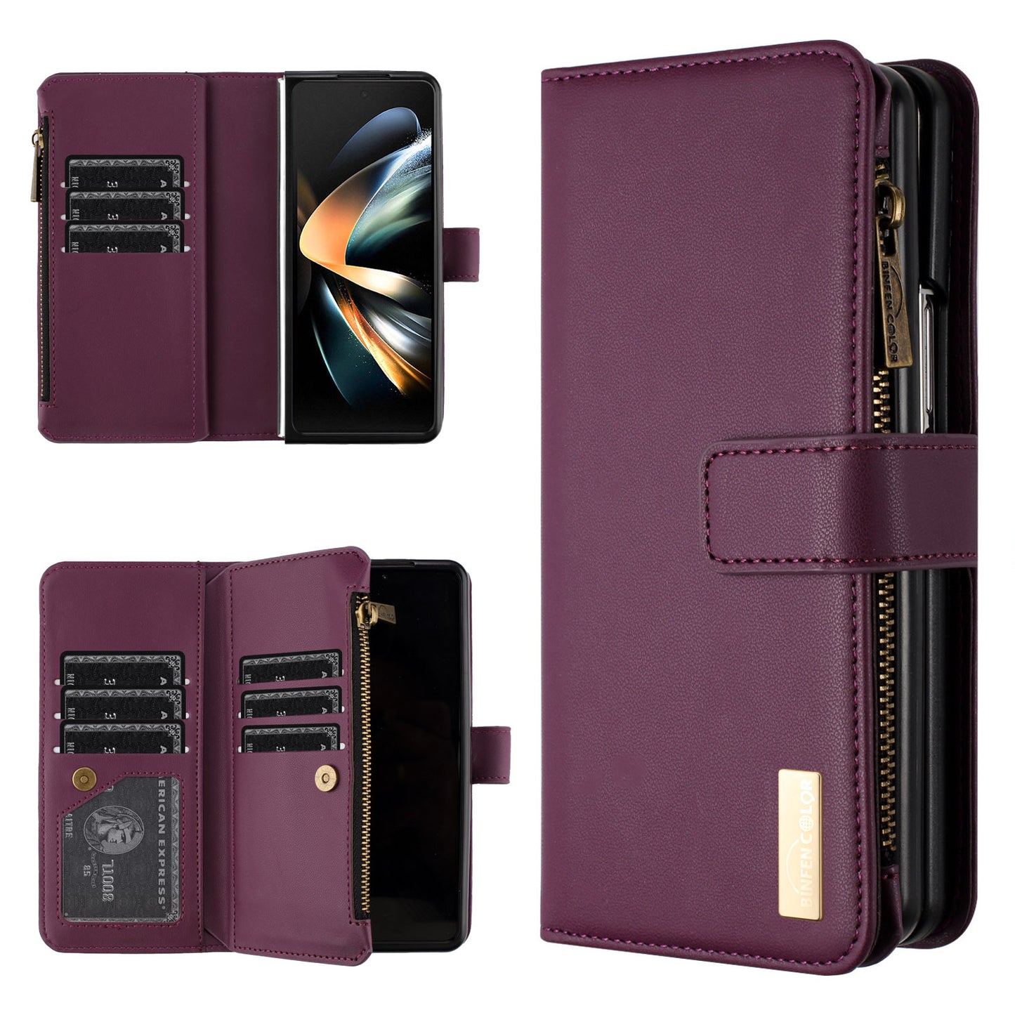 BINFEN COLOR For Samsung Galaxy Z Fold6 5G Case Zipper PU Leather Wallet Phone Cover - Dark Purple