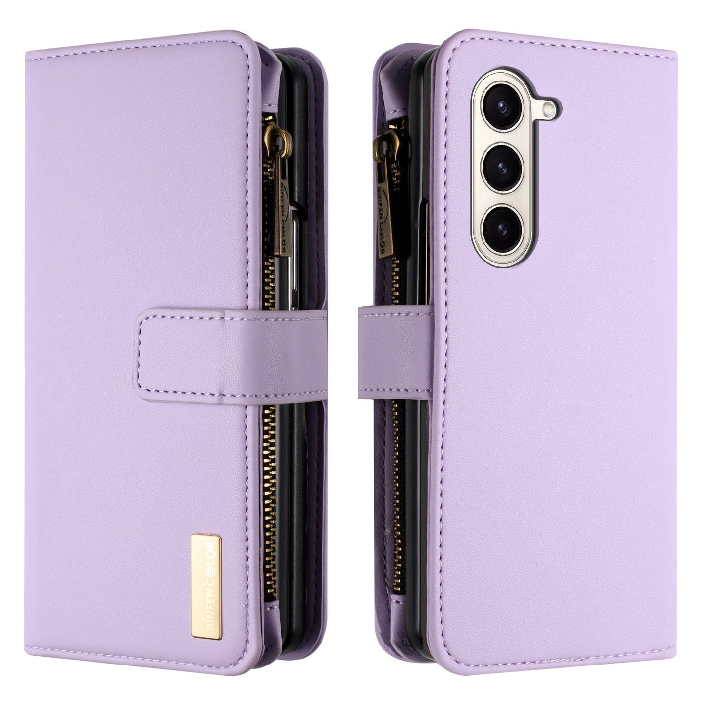 BINFEN COLOR For Samsung Galaxy Z Fold6 5G Case Zipper PU Leather Wallet Phone Cover - Purple