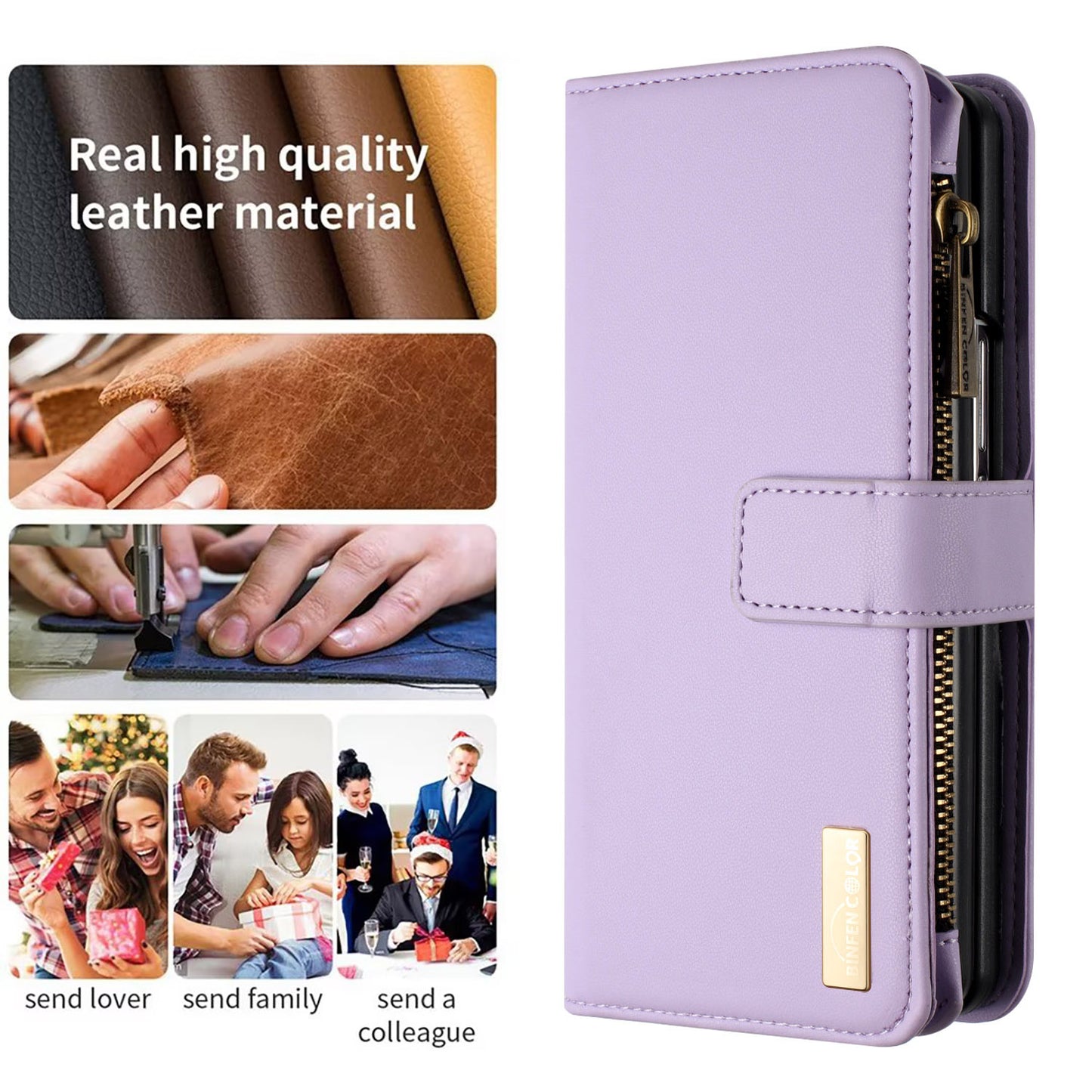 BINFEN COLOR For Samsung Galaxy Z Fold6 5G Case Zipper PU Leather Wallet Phone Cover - Purple
