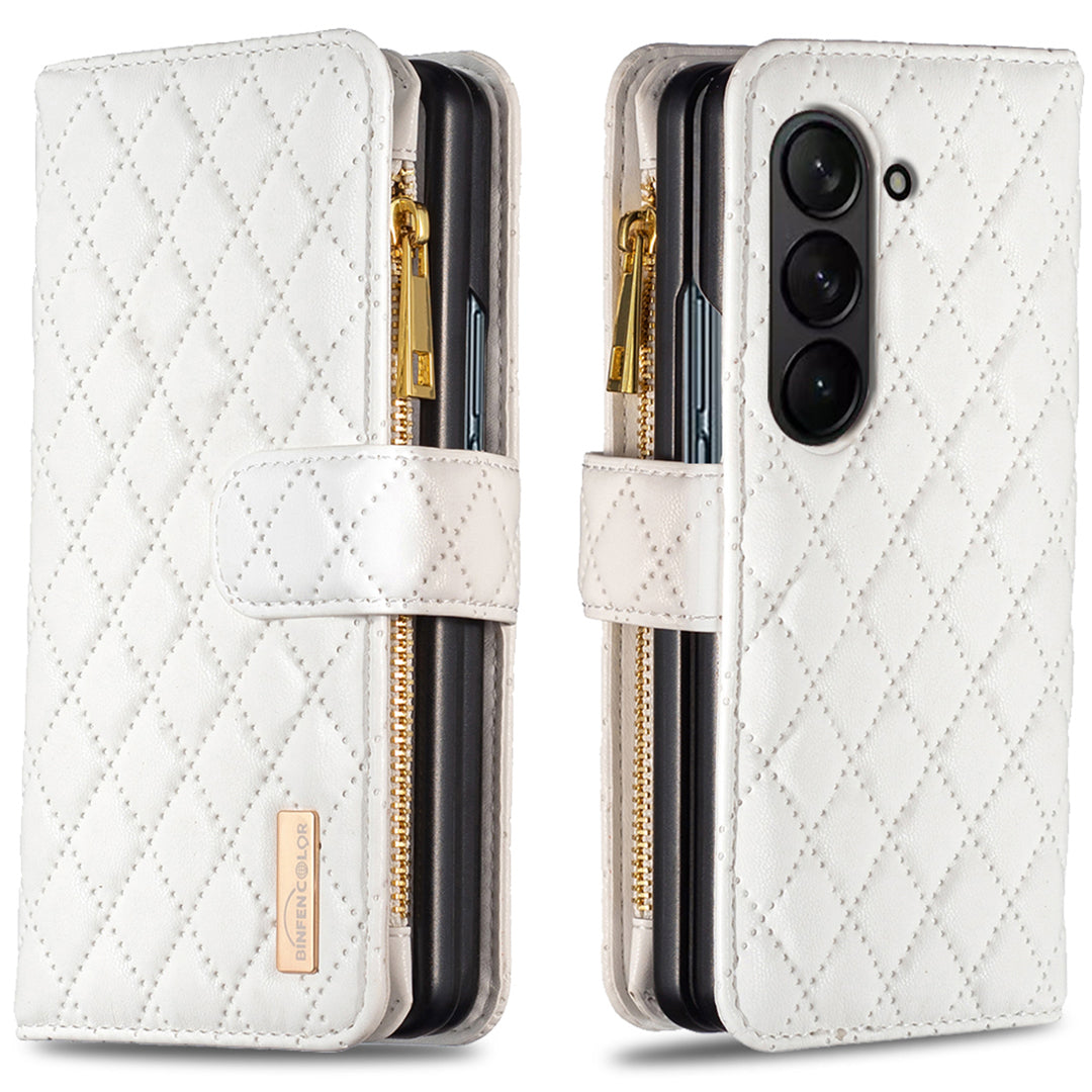 BINFEN COLOR For Samsung Galaxy Z Fold6 5G Case PU Leather Zipper Pocket Phone Cover - White