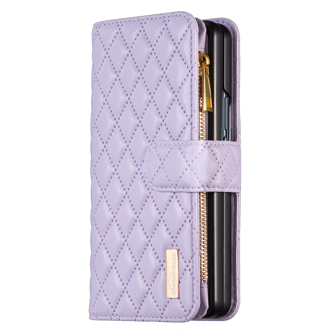 BINFEN COLOR For Samsung Galaxy Z Fold6 5G Case PU Leather Zipper Pocket Phone Cover - Purple