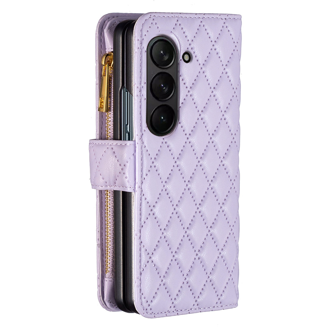 BINFEN COLOR For Samsung Galaxy Z Fold6 5G Case PU Leather Zipper Pocket Phone Cover - Purple