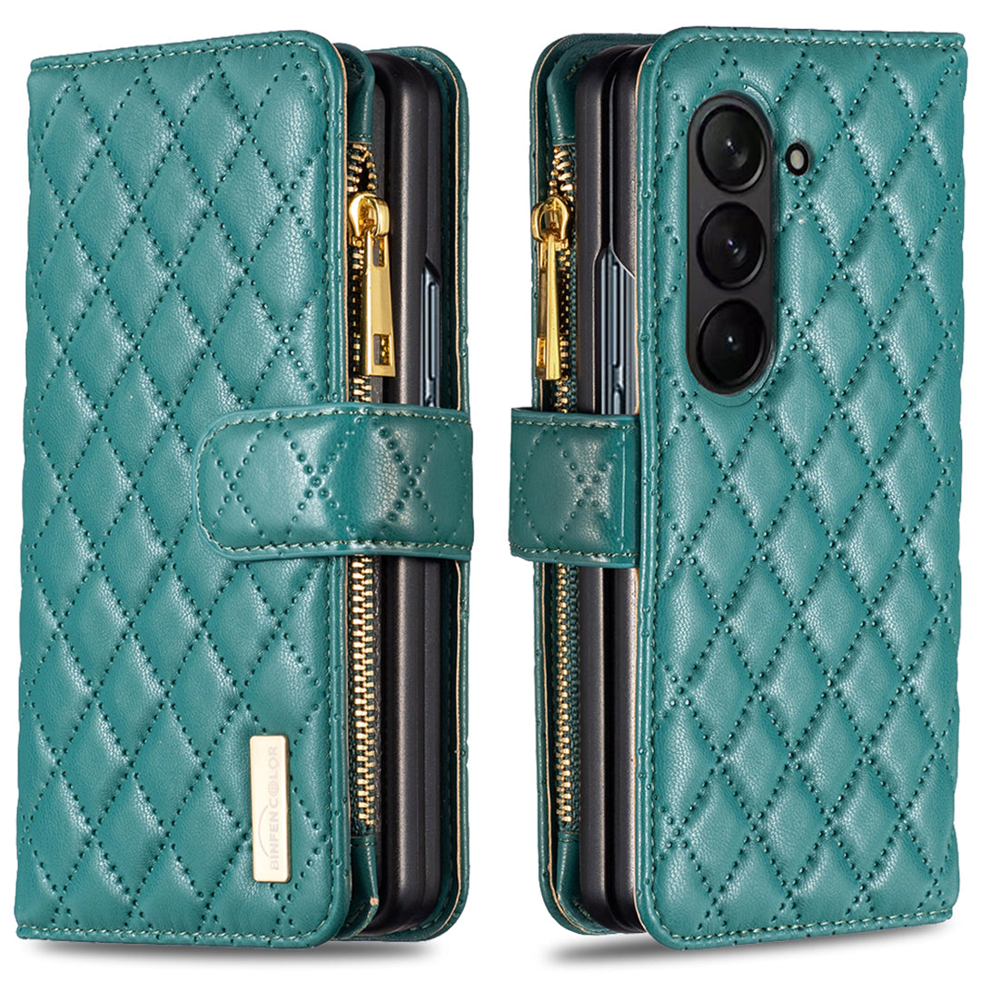 BINFEN COLOR For Samsung Galaxy Z Fold6 5G Case PU Leather Zipper Pocket Phone Cover - Green