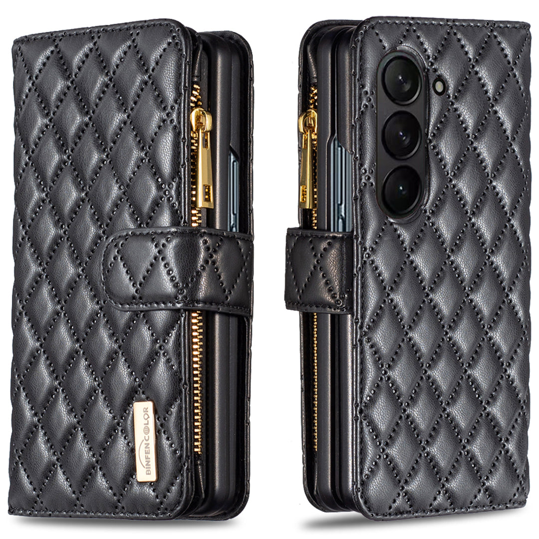 BINFEN COLOR For Samsung Galaxy Z Fold6 5G Case PU Leather Zipper Pocket Phone Cover - Black