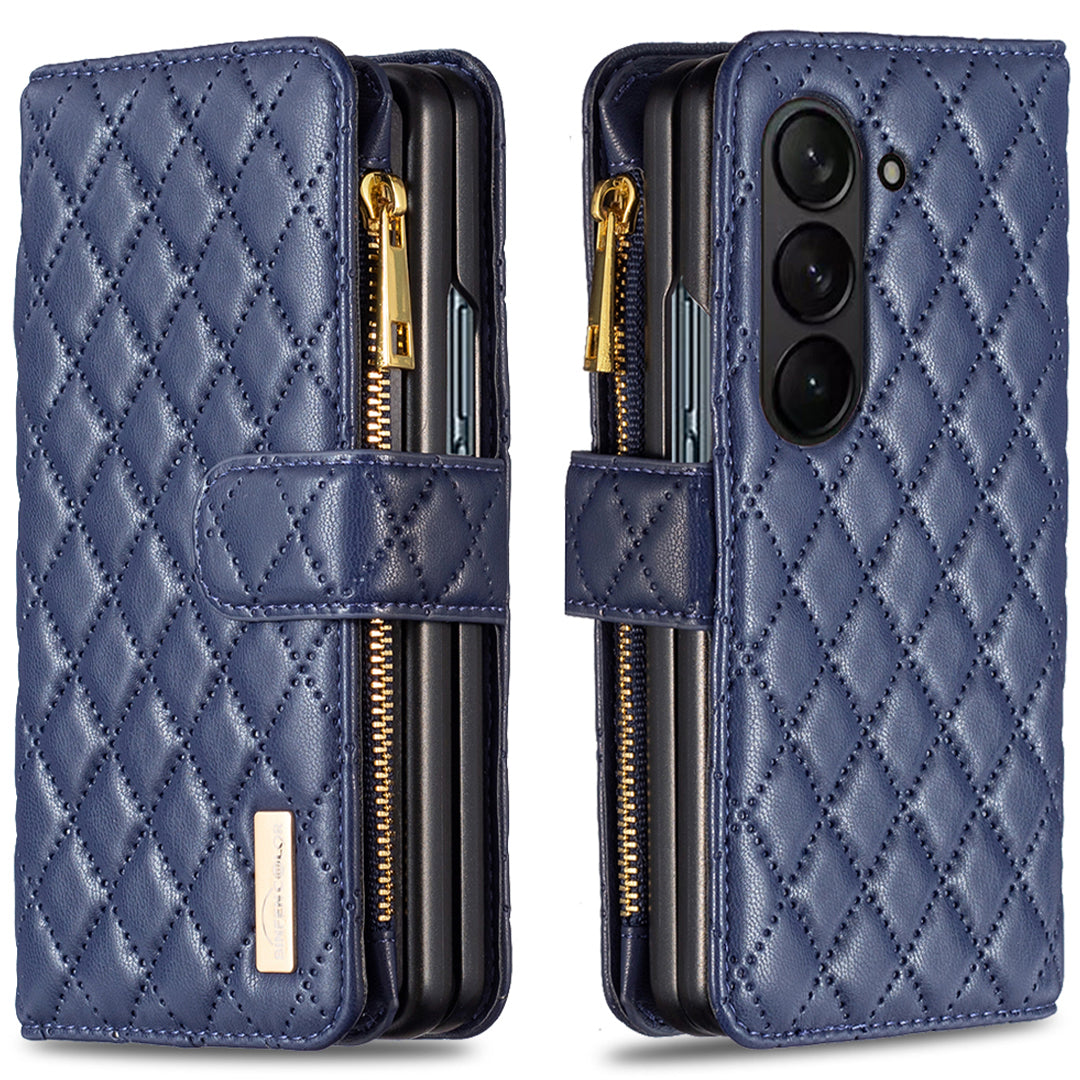 BINFEN COLOR For Samsung Galaxy Z Fold6 5G Case PU Leather Zipper Pocket Phone Cover - Blue