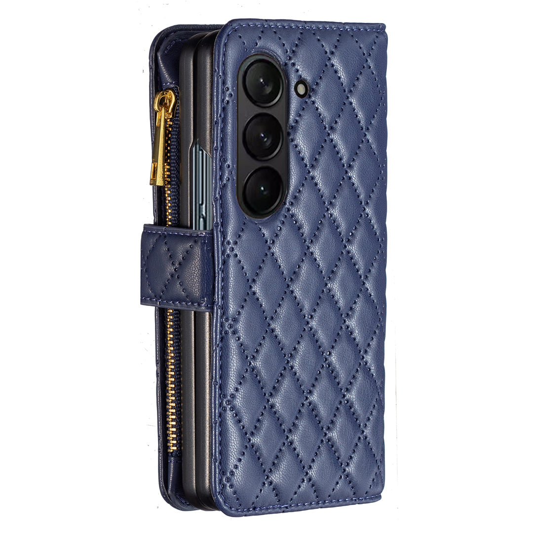 BINFEN COLOR For Samsung Galaxy Z Fold6 5G Case PU Leather Zipper Pocket Phone Cover - Blue
