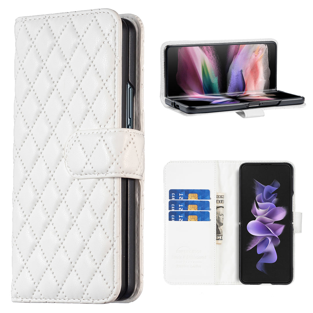 BINFEN COLOR For Samsung Galaxy Z Fold6 5G Case Rhombus Wallet PU Leather Phone Cover - White