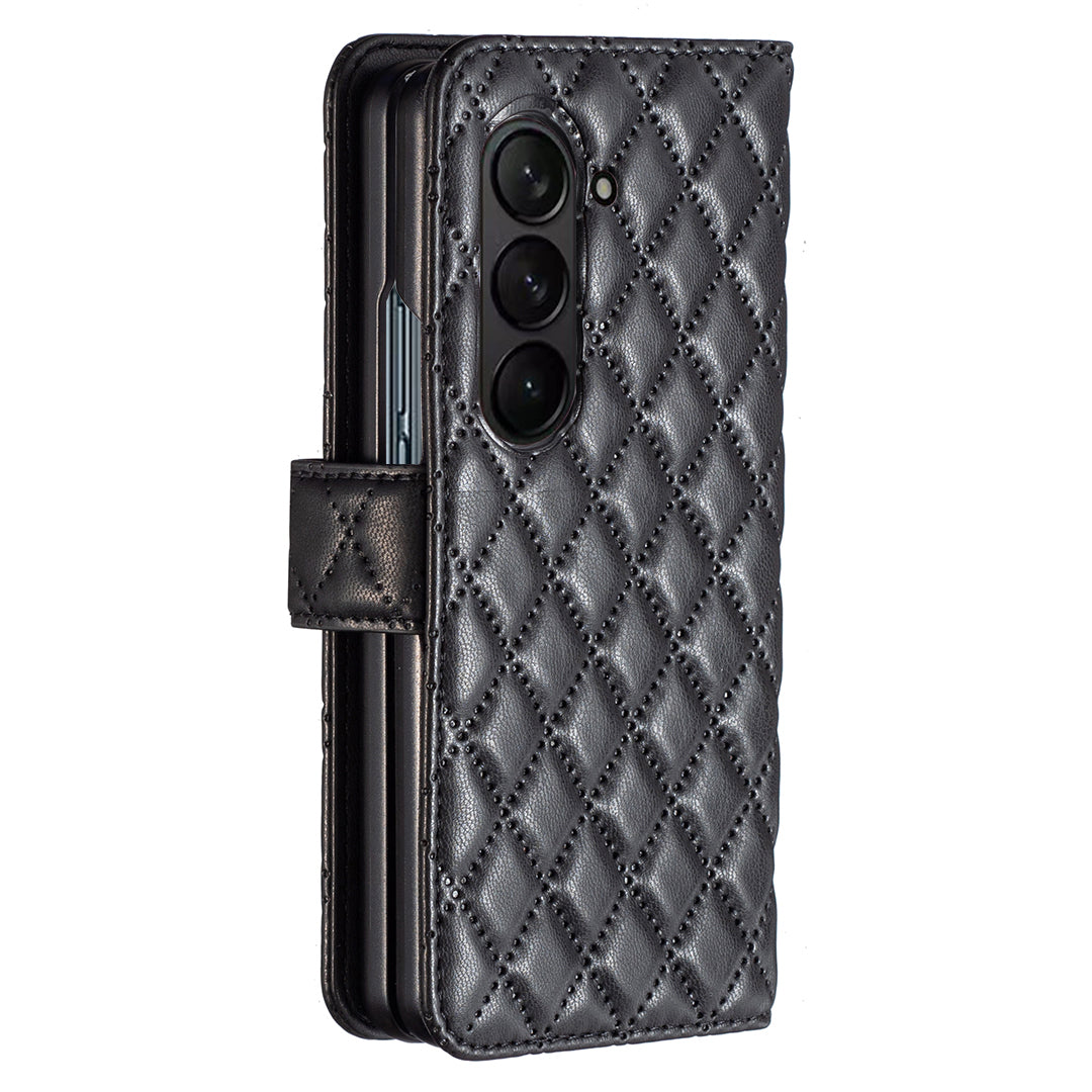 BINFEN COLOR For Samsung Galaxy Z Fold6 5G Case Rhombus Wallet PU Leather Phone Cover - Black