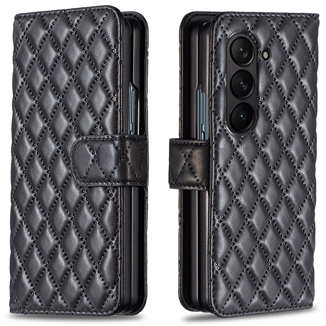 BINFEN COLOR For Samsung Galaxy Z Fold6 5G Case Rhombus Wallet PU Leather Phone Cover - Black