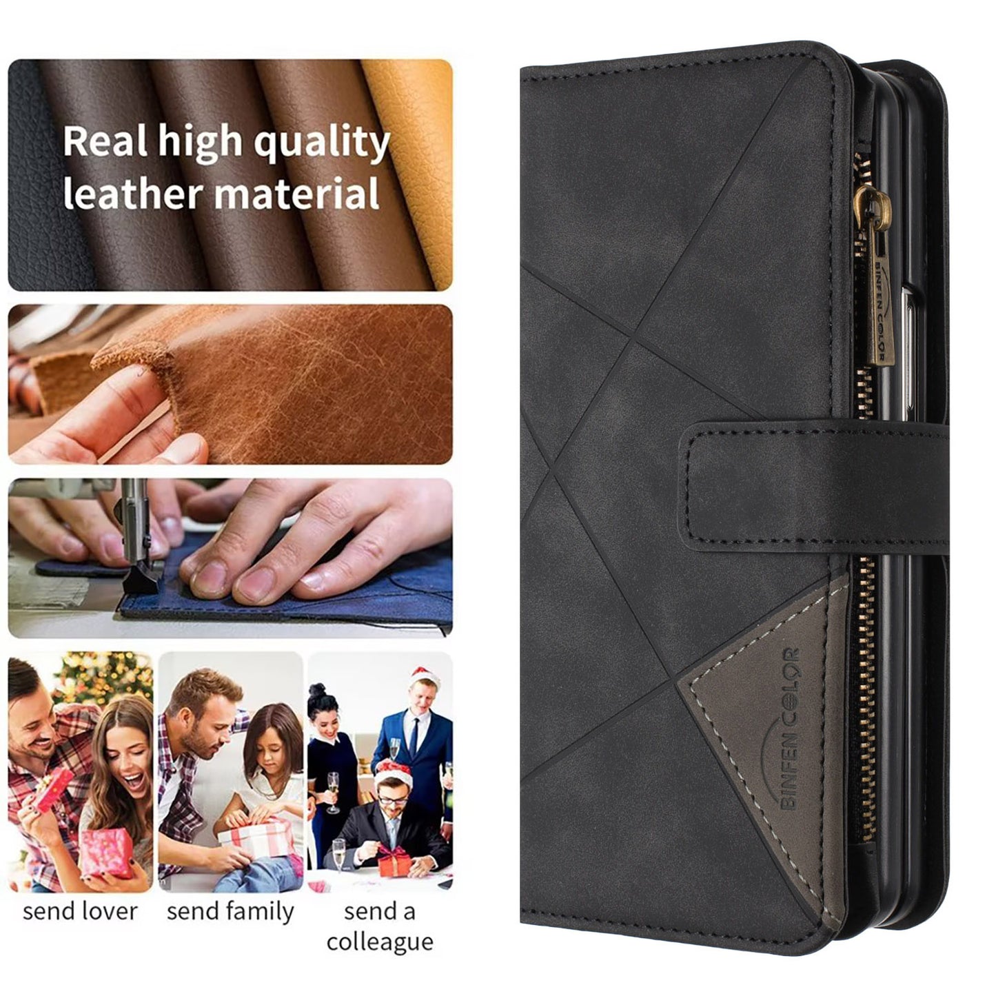 BINFEN COLOR For Samsung Galaxy Z Fold6 5G Case Zipper Pocket Wallet Leather Phone Cover - Black