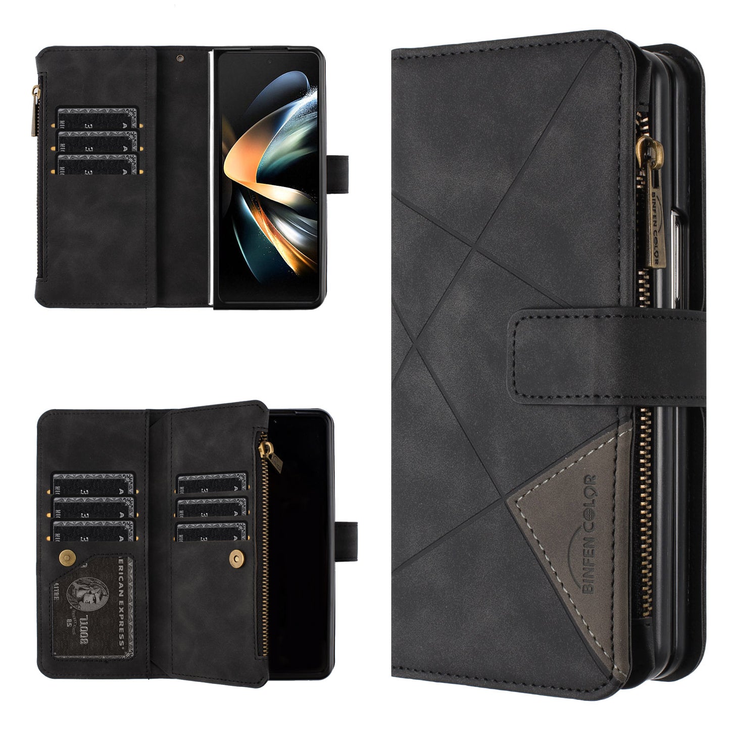 BINFEN COLOR For Samsung Galaxy Z Fold6 5G Case Zipper Pocket Wallet Leather Phone Cover - Black