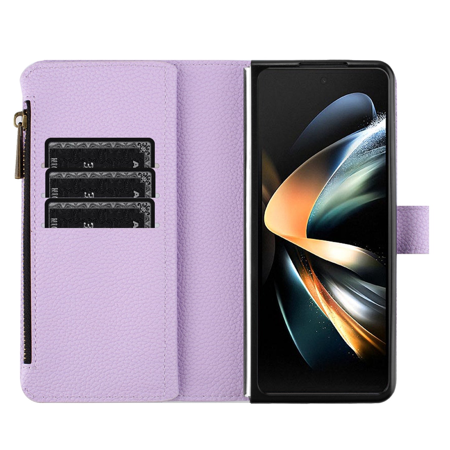 BINFEN COLOR For Samsung Galaxy Z Fold6 5G Case PU Leather Litchi Texture Zipper Phone Cover - Purple