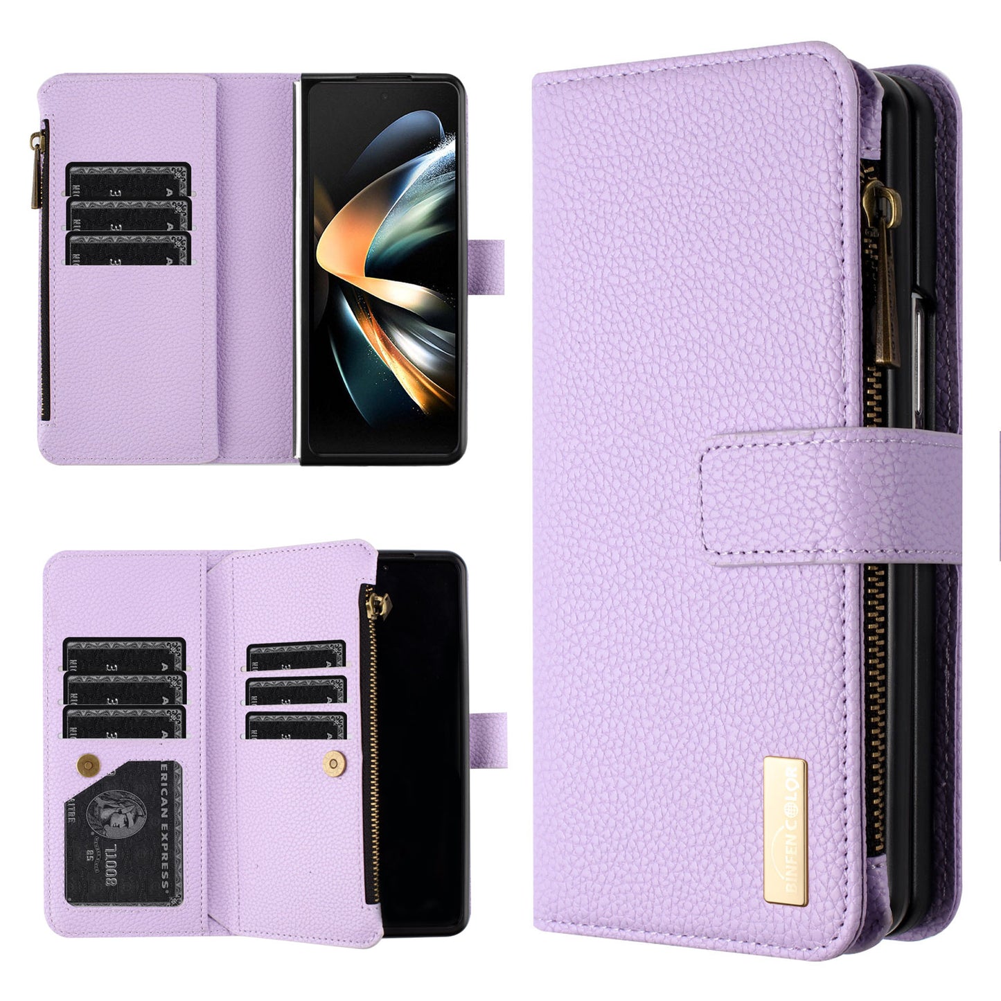 BINFEN COLOR For Samsung Galaxy Z Fold6 5G Case PU Leather Litchi Texture Zipper Phone Cover - Purple