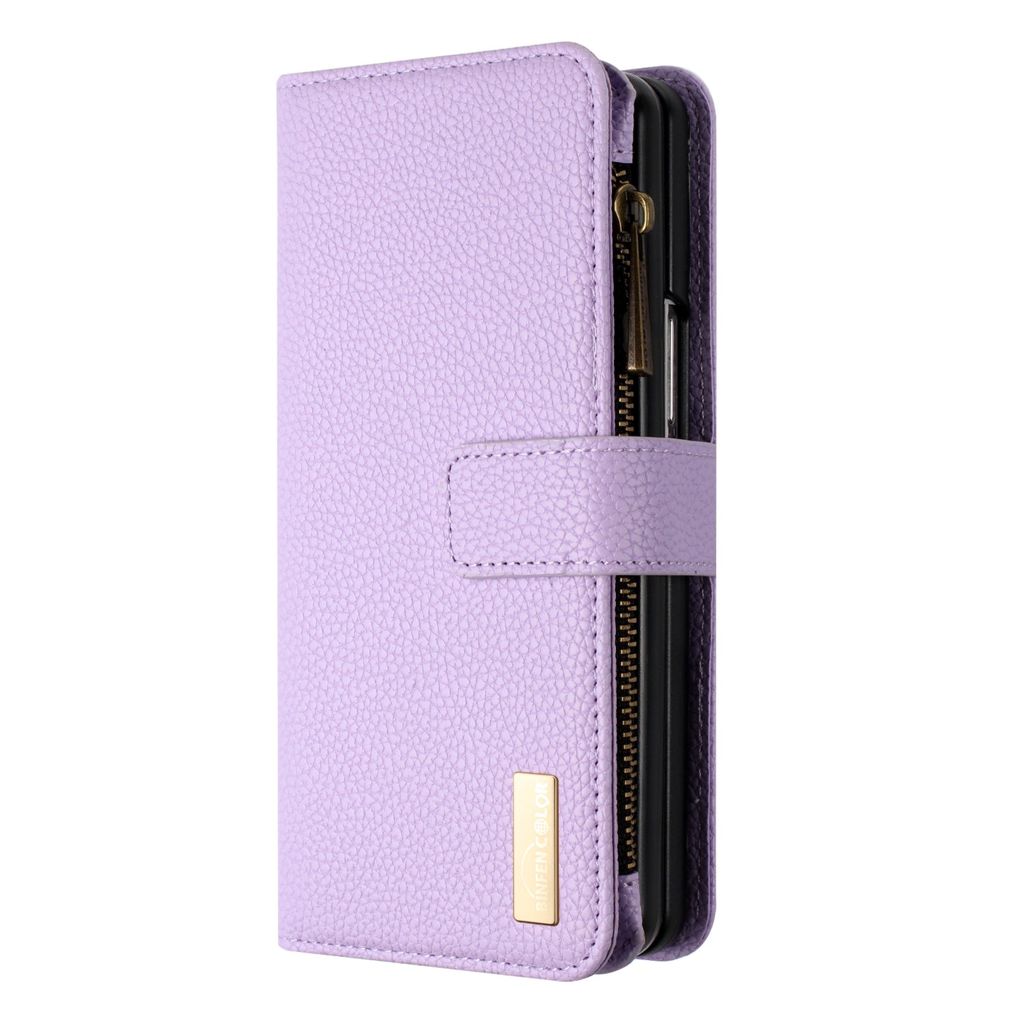 BINFEN COLOR For Samsung Galaxy Z Fold6 5G Case PU Leather Litchi Texture Zipper Phone Cover - Purple
