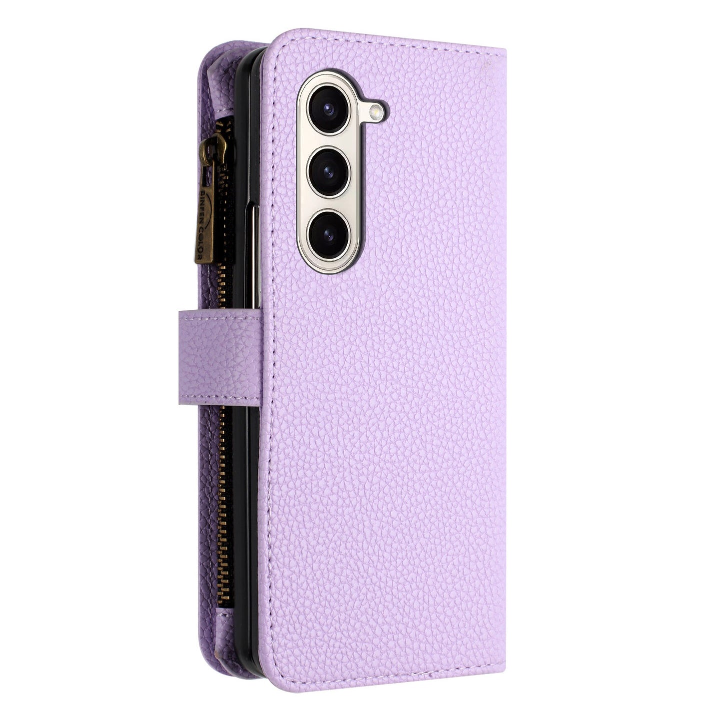 BINFEN COLOR For Samsung Galaxy Z Fold6 5G Case PU Leather Litchi Texture Zipper Phone Cover - Purple