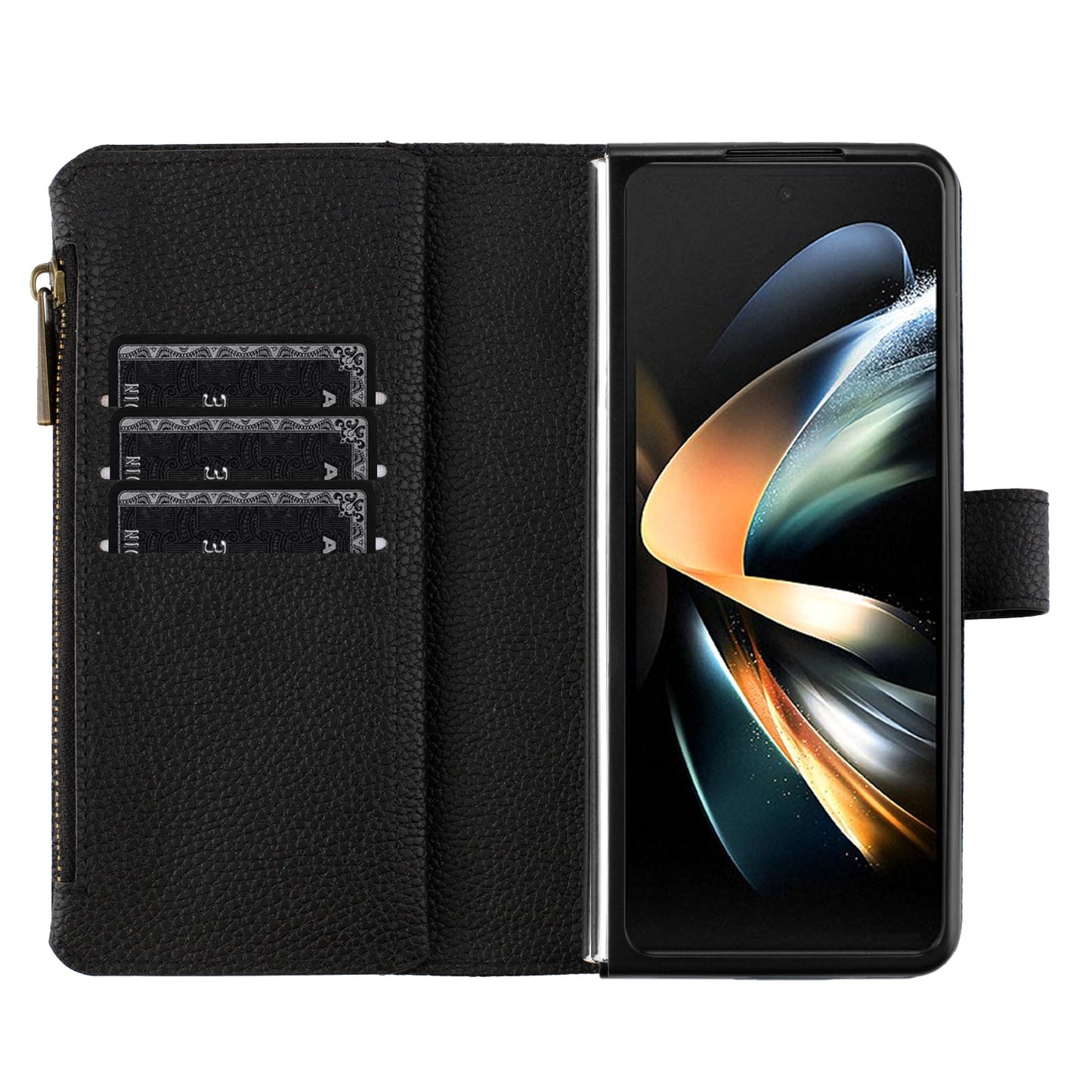 BINFEN COLOR For Samsung Galaxy Z Fold6 5G Case PU Leather Litchi Texture Zipper Phone Cover - Black
