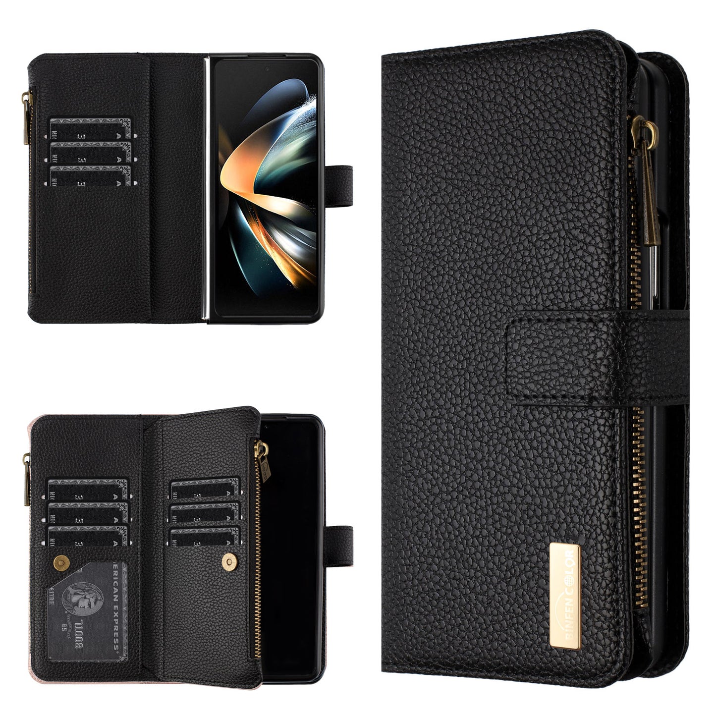 BINFEN COLOR For Samsung Galaxy Z Fold6 5G Case PU Leather Litchi Texture Zipper Phone Cover - Black