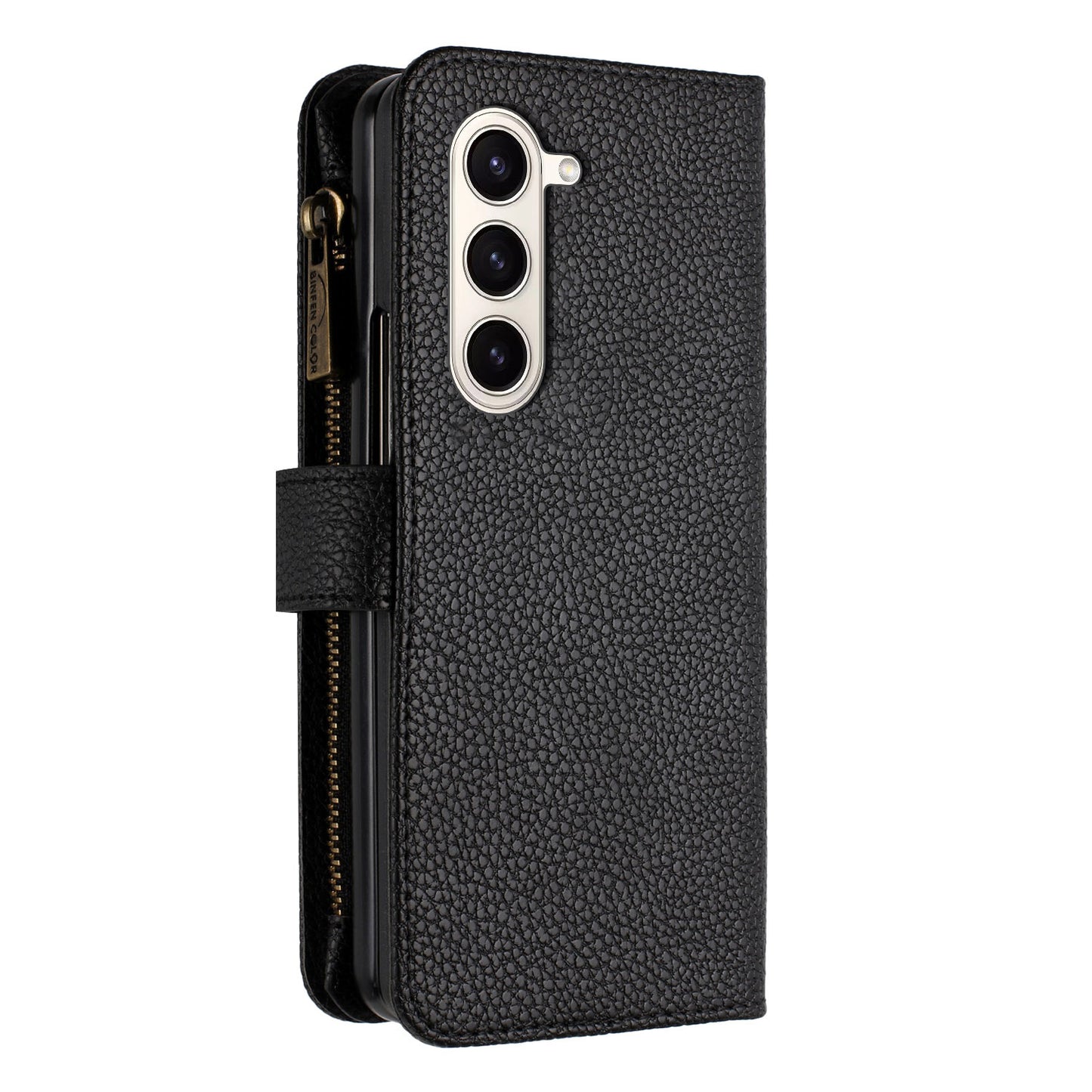BINFEN COLOR For Samsung Galaxy Z Fold6 5G Case PU Leather Litchi Texture Zipper Phone Cover - Black