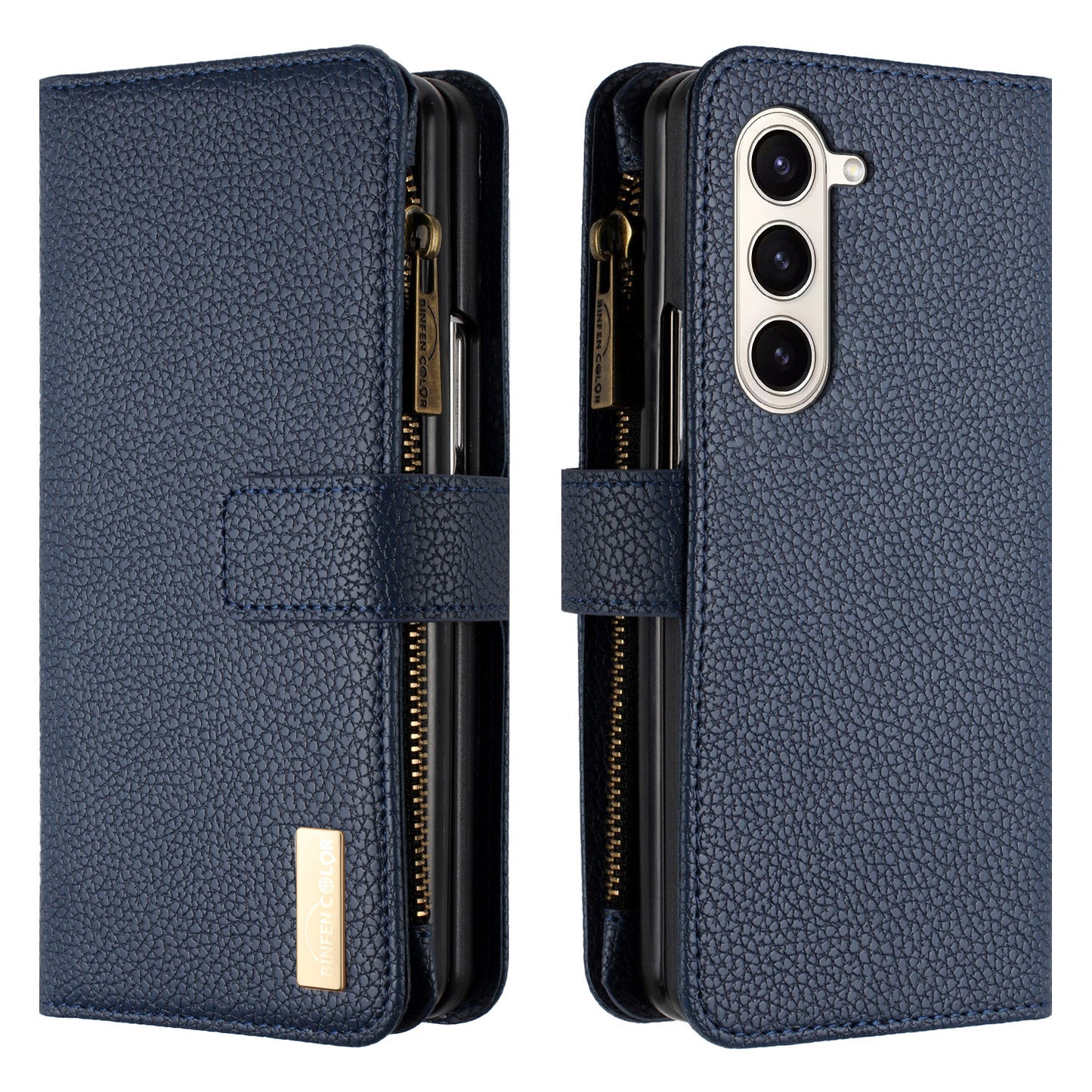 BINFEN COLOR For Samsung Galaxy Z Fold6 5G Case PU Leather Litchi Texture Zipper Phone Cover - Blue