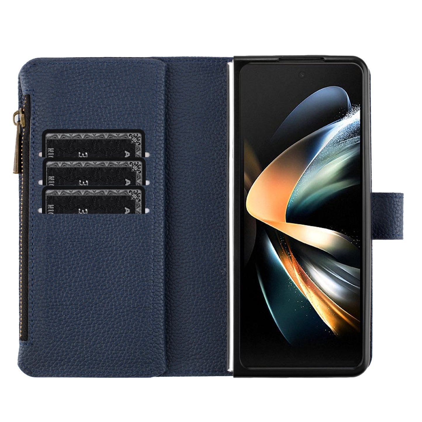 BINFEN COLOR For Samsung Galaxy Z Fold6 5G Case PU Leather Litchi Texture Zipper Phone Cover - Blue