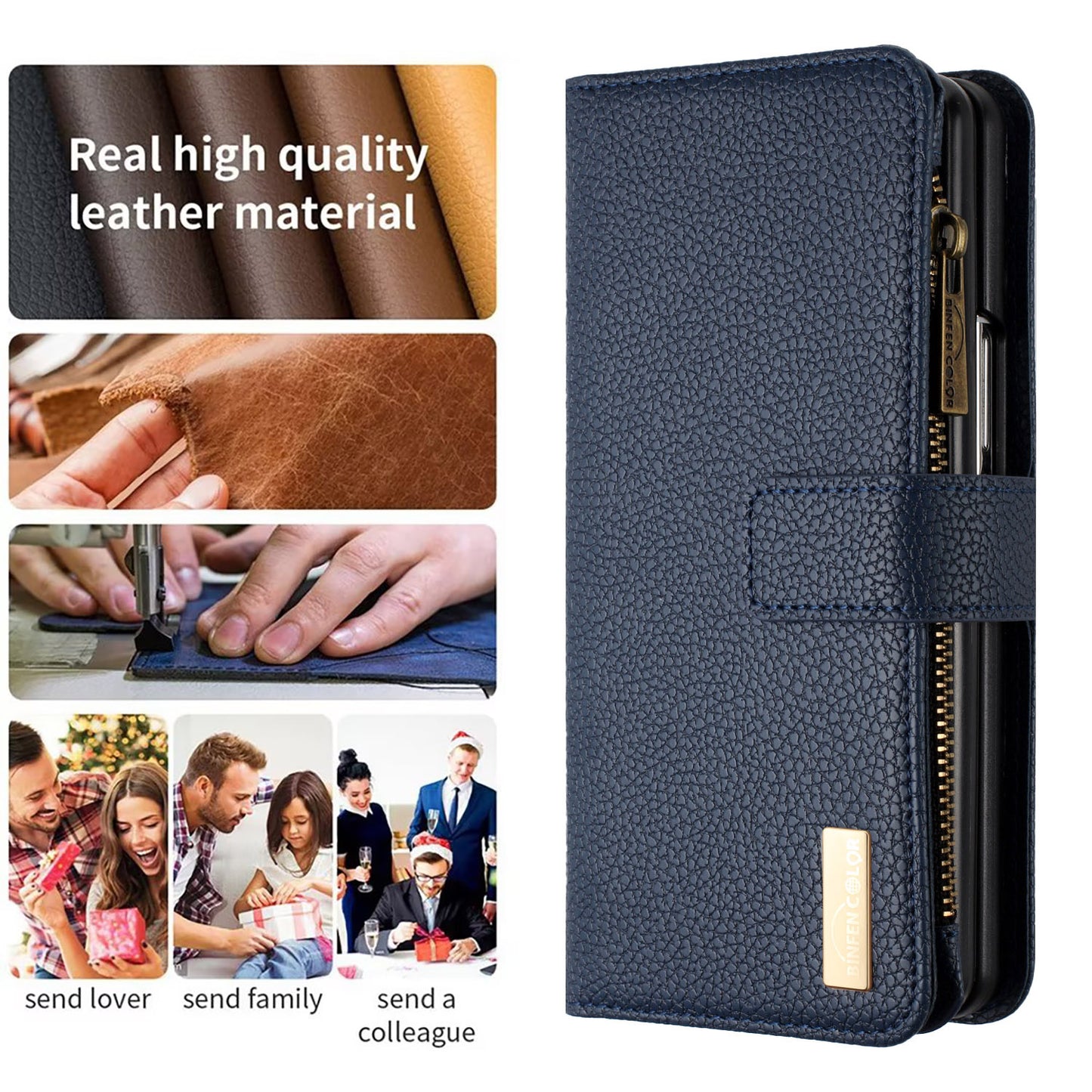 BINFEN COLOR For Samsung Galaxy Z Fold6 5G Case PU Leather Litchi Texture Zipper Phone Cover - Blue