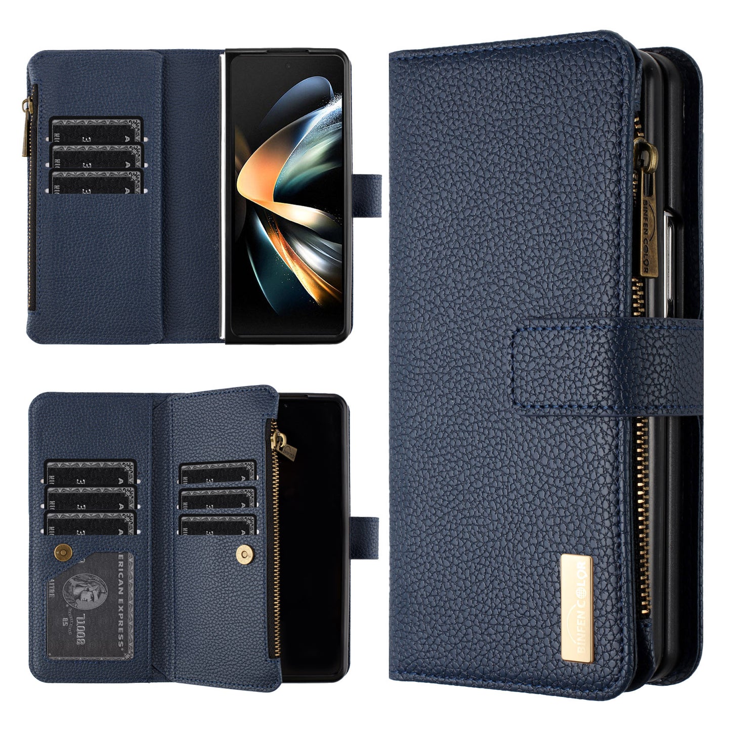BINFEN COLOR For Samsung Galaxy Z Fold6 5G Case PU Leather Litchi Texture Zipper Phone Cover - Blue
