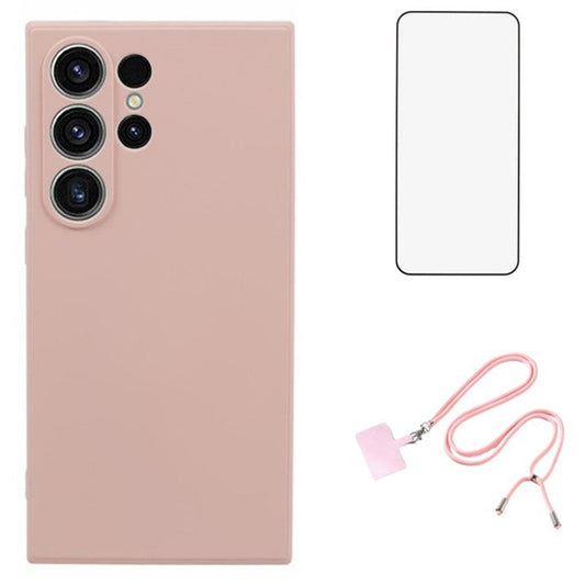 WANLONFENG RB1 Series For Samsung Galaxy S24 Ultra TPU Phone Case with Screen Protector+Lanyard - Pink
