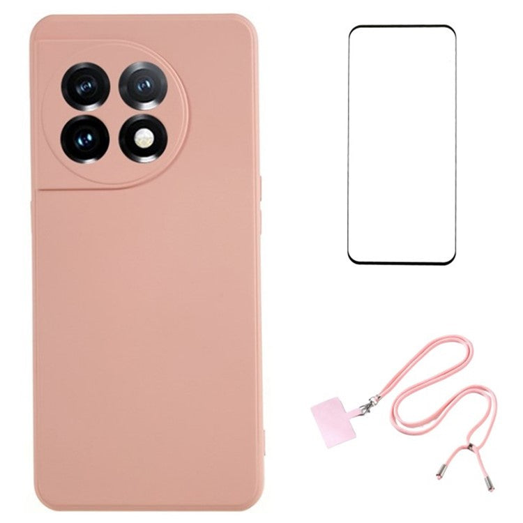 WANLONFENG RB1 Series For OnePlus 11 5G TPU Phone Case with Tempered Glass Film+Lanyard - Pink