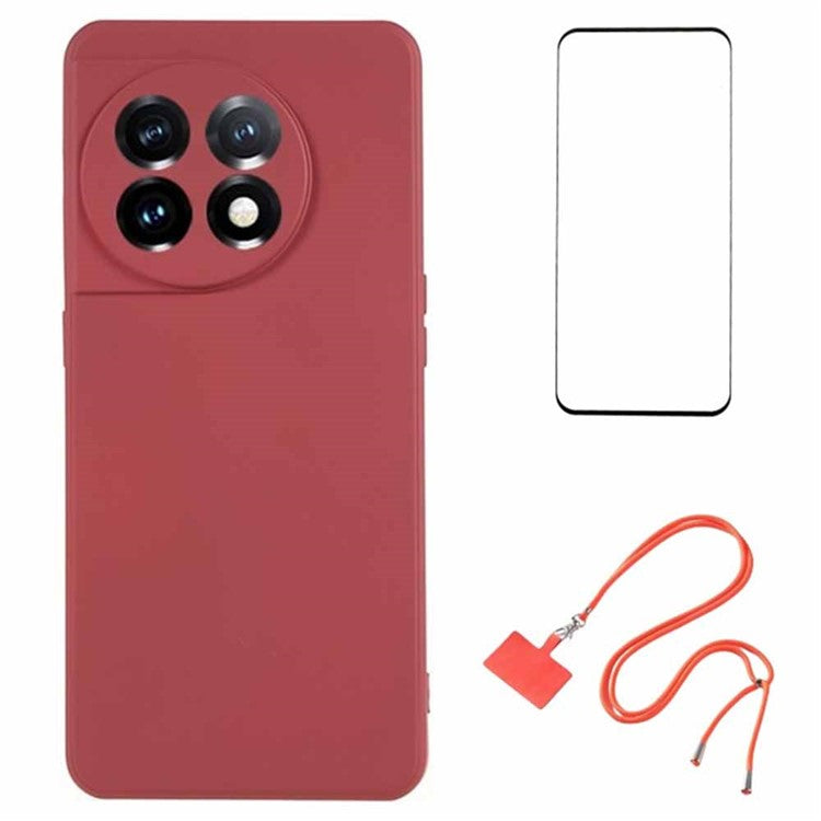WANLONFENG RB1 Series For OnePlus 11 5G TPU Phone Case with Tempered Glass Film+Lanyard - Hawthorn Red