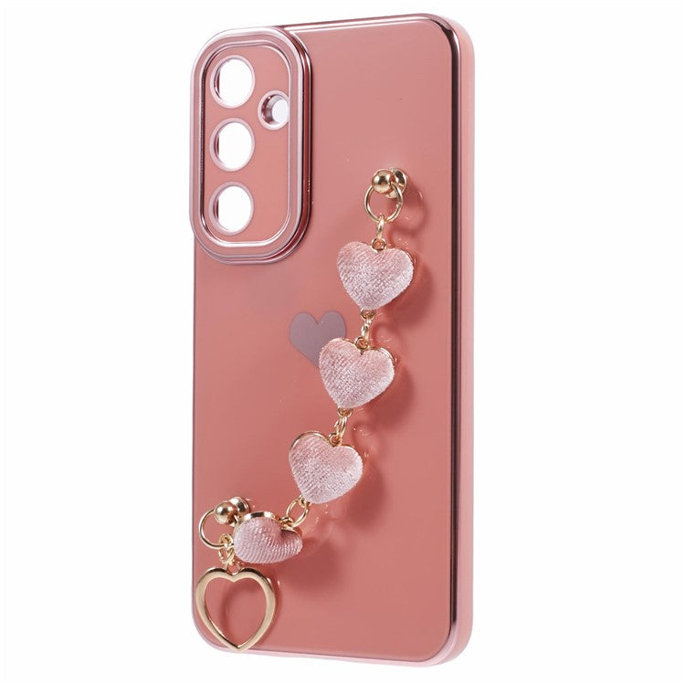 For Samsung Galaxy A14 5G / 4G Phone Case Electroplating Soft TPU Back Cover with Heart Chain Strap - Pink