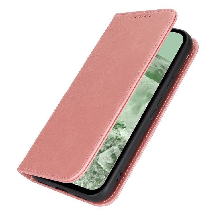 For Google Pixel 8a Case PU Leather Calf Textured Magnetic Closing Smart Phone Cover - Rose Gold