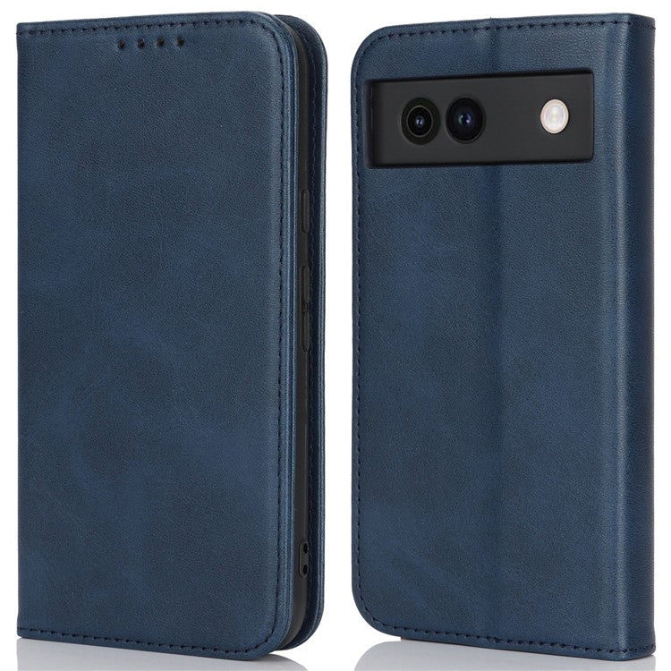 For Google Pixel 8a Case PU Leather Calf Textured Magnetic Closing Smart Phone Cover - Dark Blue