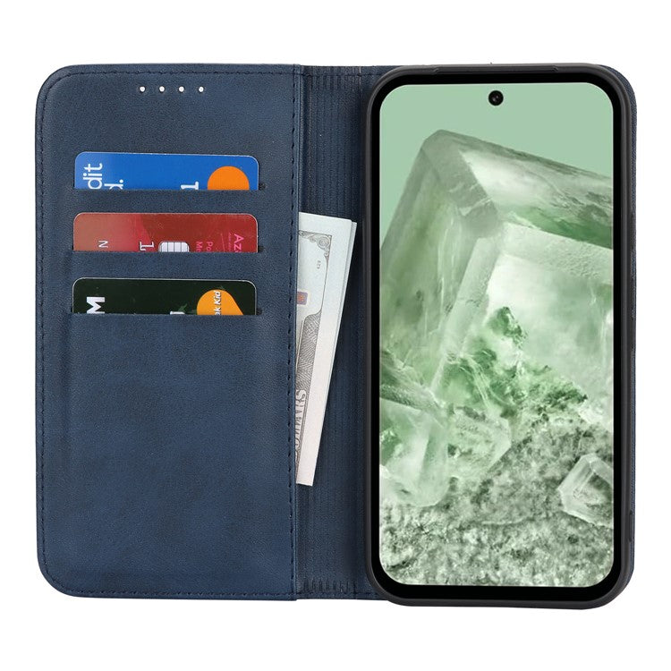For Google Pixel 8a Case PU Leather Calf Textured Magnetic Closing Smart Phone Cover - Dark Blue